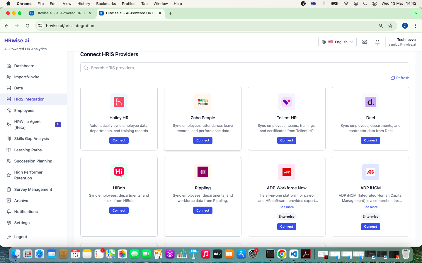 Connect HRIS Providers page showing Zoho People